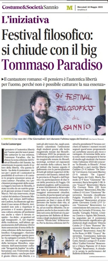 IlMattino – Festival filosofico:si chiude con il bigTommaso Paradiso